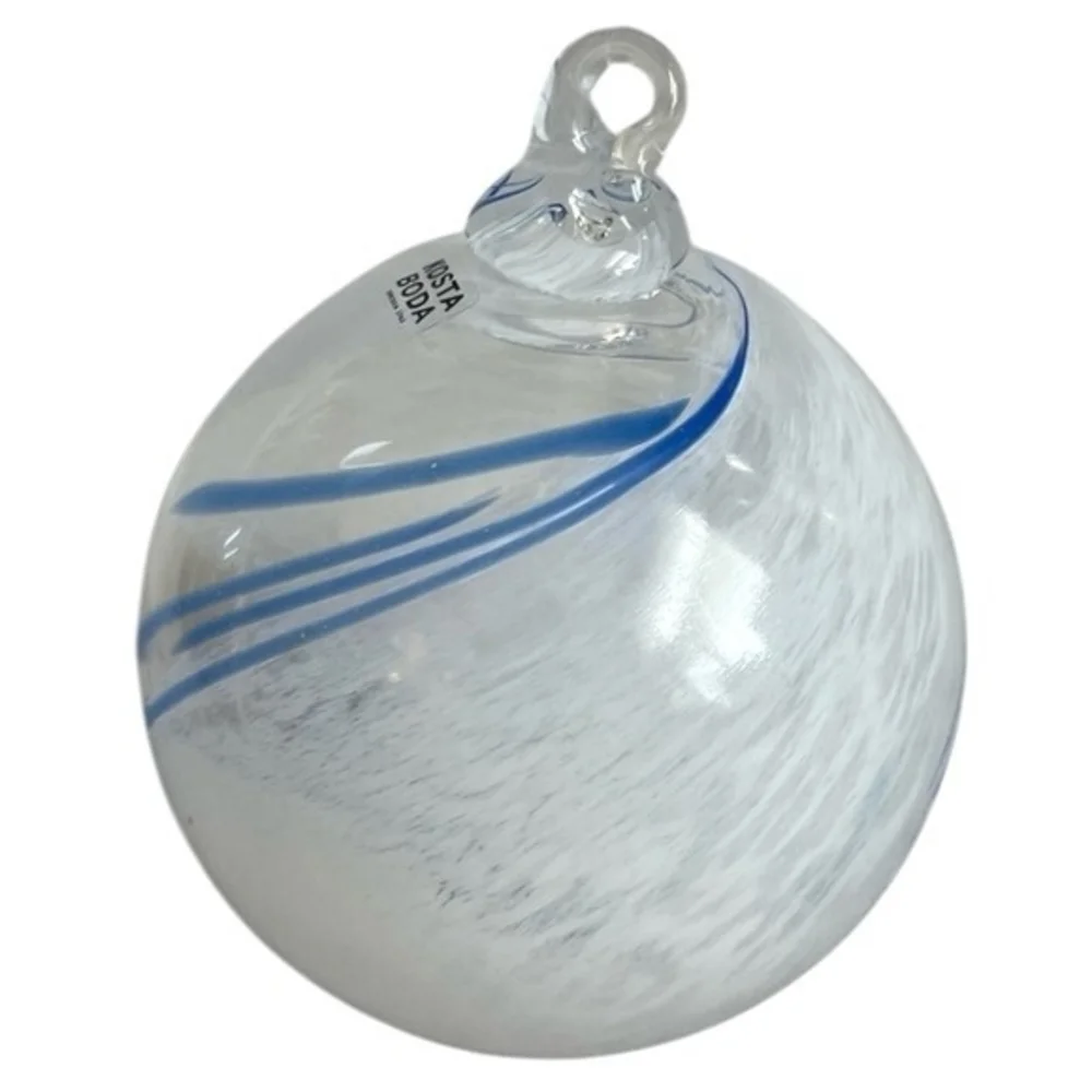 Kosta Boda White Blue Swirl Glass Ball Ornament 3.5